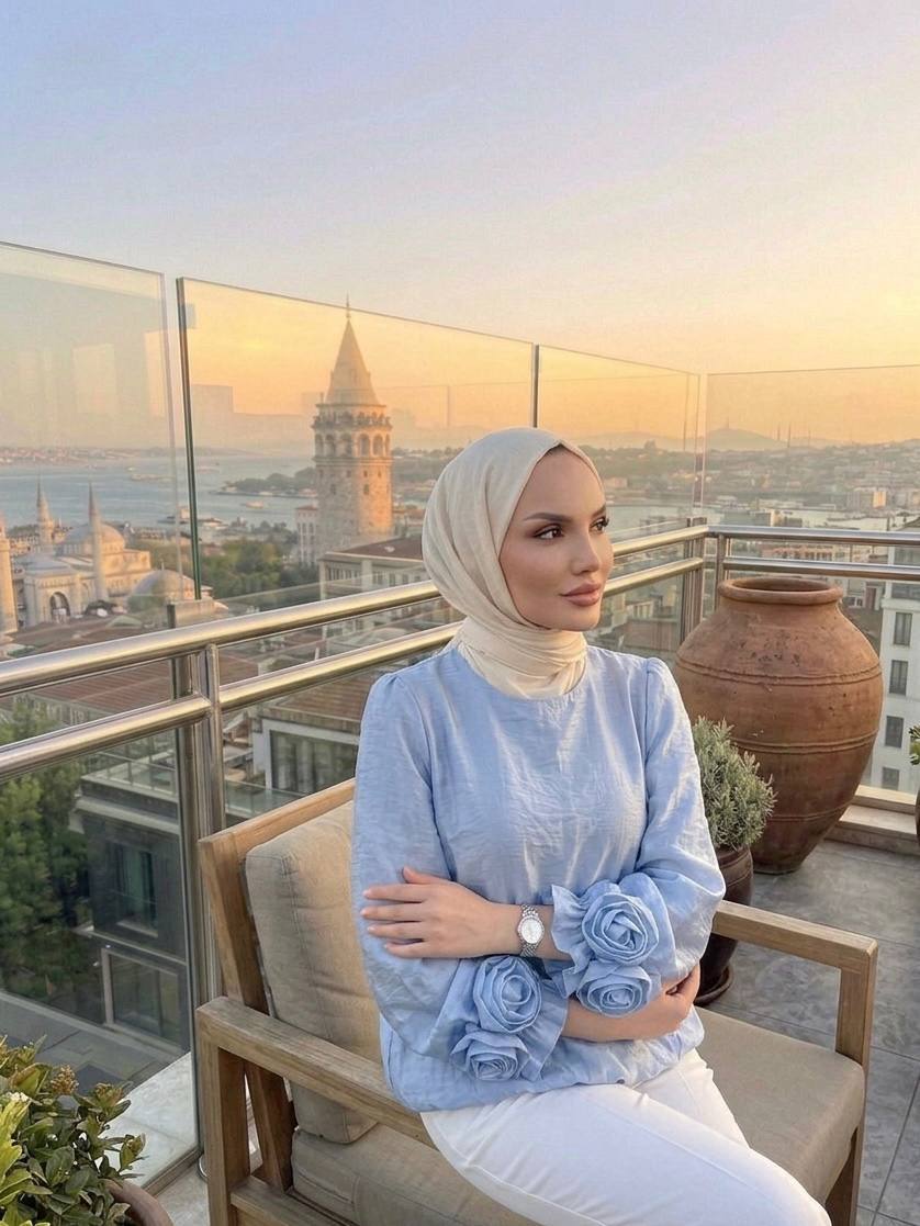 Mavi Kolları Gül Detaylı Bluz