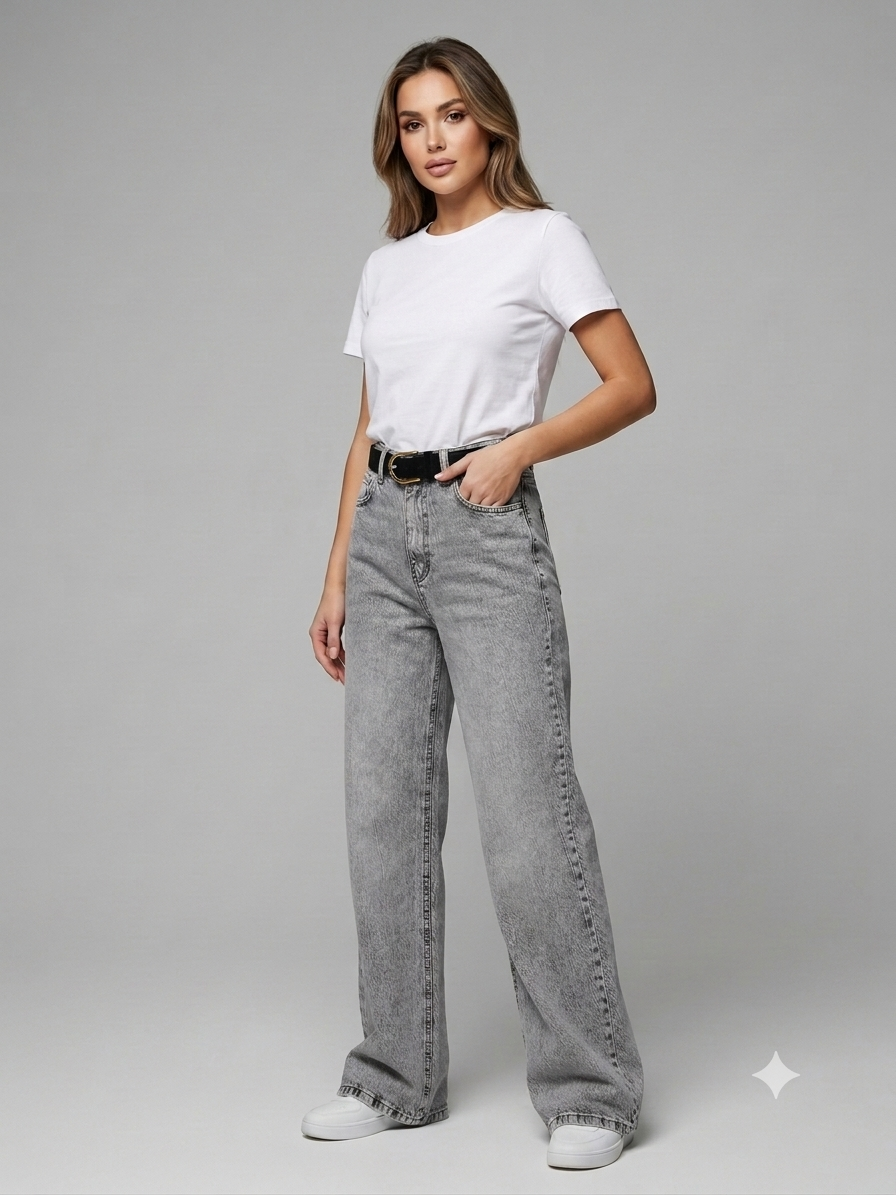 Açık Gri Stright Model Kemerli Jean