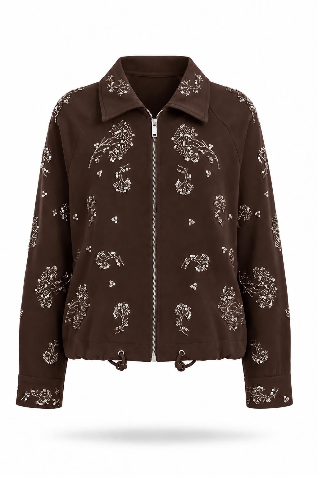 Kahverengi Premium Taş İşlemeli Bomber Ceket