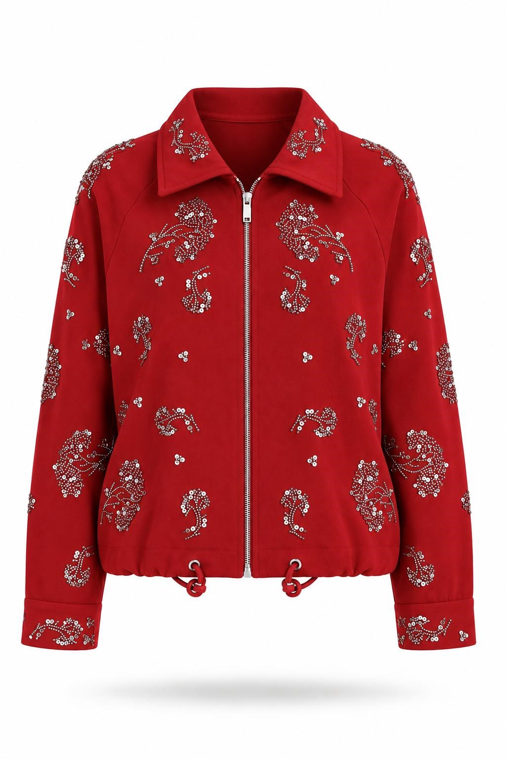 Kırmızı Premium Taş İşlemeli Bomber Ceket